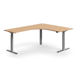 Hjørneskrivebord, hev/senk, L1600 B2000 mm, sølv, bøk