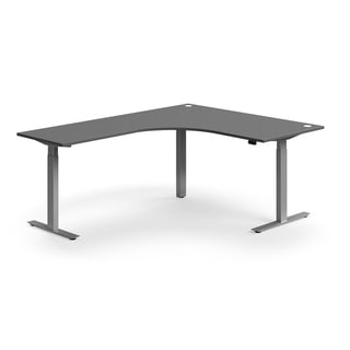 Hjørneskrivebord, hev/senk, L1600 B2000 mm, sølv, grå