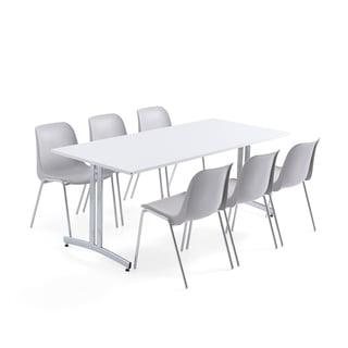 Møbelgruppe,1 bord, 6 stoler, grå/krom