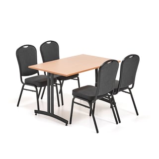 Möbelgrupp, 1 bord 1200x800 mm, bok, 4 stolar, svart/svart tyg