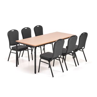 Möbelgrupp, 1 bord 1800x800 mm, bok, 6 stolar, svart/svart tyg