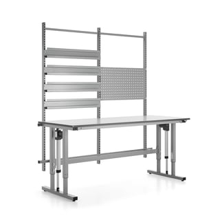 Komplett hev- og senkbart arbeidsbord, 400 kg, L2000 B800 mm, verktøypanel og bakskinner