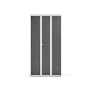 Garderobeskap, flatpakket, 3 seksjoner, H1800 B900 D500 mm, grå stamme, mørk grå dør