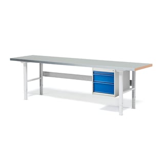 Pakke: Arbeidsbord, 3 skuffer, L2500 B800 mm, stål