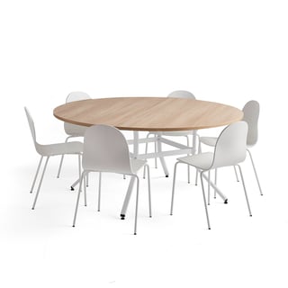 Möbelgrupp, 1 bord och 6 vita stolar