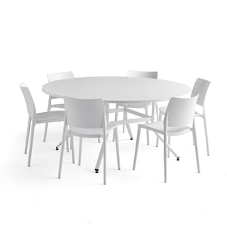 , bord og 6 hvite stoler