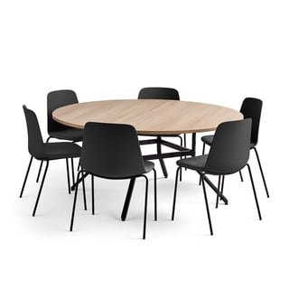 Möbelgrupp, 1 bord och 6 svart/antracitgrå stolar