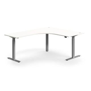 Hjørneskrivebord, hev/senk, L1600 B2000 mm, sølv, hvit