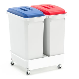 Avfallsbehållare 2 st, 60 liter, med rött/blått lock + vagn