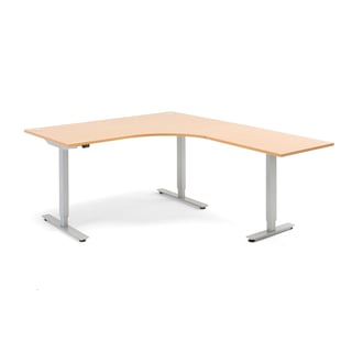 Hjørneskrivebord, hev/senk, L1600 B2000 H700–1170 mm, bøk laminat