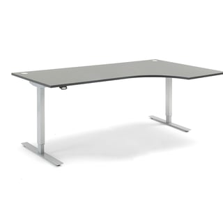 Hjørneskrivebord, hev/senk, L2000 B1200 H700–1170 mm, grå laminat