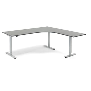 Hjørneskrivebord, hev/senk, 3-benstativ, L2000 B2000 H700–1170 mm, grå