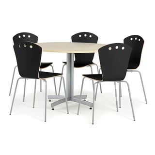 Möbelgrupp, 1 bord Ø1100mm, björk, 5 stolar i svart och grå