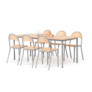 Kantinegruppe JAMIE + TAMPA, 1 bord og 6 stoler, bøk/grå