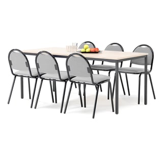 , bord L1800 B800 mm, bjørk + 6 grå stoler