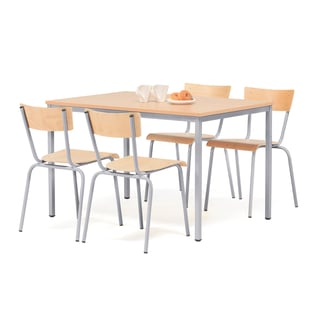 Spisegruppe: 1 bord 1200x800 mm + 4 stoler, bøk/alugrå