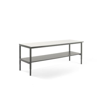 Arbetsbord med underhylla, 2400x750 mm, laminat, vit skiva, grå ben