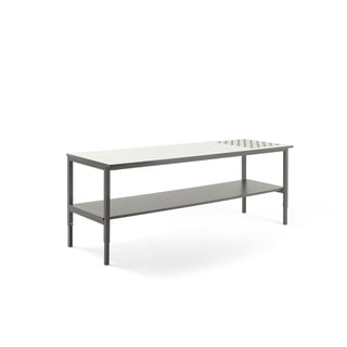 Arbeidsbord, med kuleruller og underhylle, L2000 B750 H720–900 mm, hvit/grå