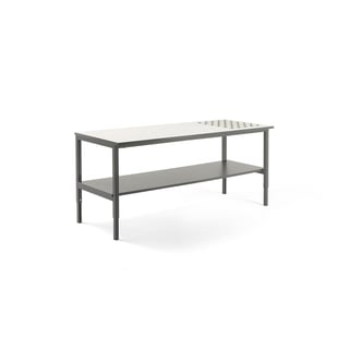 Arbetsbord, kulrullar, underhylla, 2400x750mm, vit skiva, grå ben
