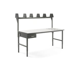 Arbeidsbord med kuleruller, L2000 B750 mm + 1 skuff og overhylle