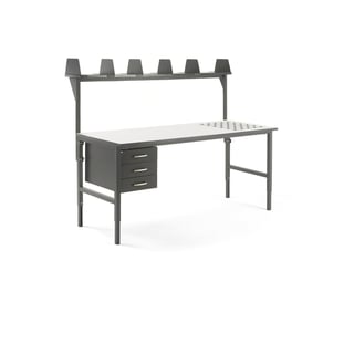 Paket: Arbetsbord med kulrullar, 2000x750 mm, 3 lådor + överhylla
