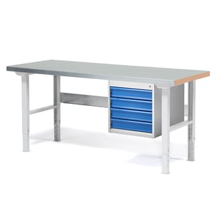 Pakke: Arbeidsbord 750, 4 skuffer, 1500x800 mm, stål