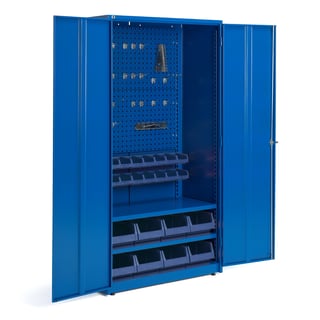 Komplett maskinskåp, nyckellås, 2 hyllplan, panel, 8 + 16 backar, 1900x1020x500 mm, blå