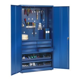 Komplett maskinskåp, nyckellås, 2 hyllplan, 6 lådor, 8 backar, 1900x1020x500 mm, blå