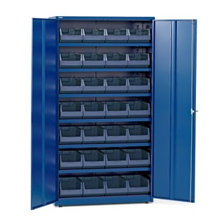 Komplett maskinskåp, nyckellås, 6 hyllplan, 28 backar, 1900x1020x500 mm, blå