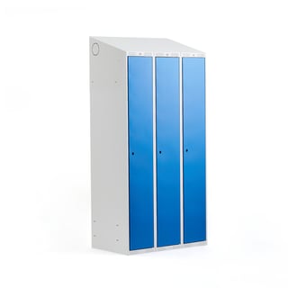 Garderobeskap, 3 seksjoner, skrått tak, H1900 B900 D550 mm, blå