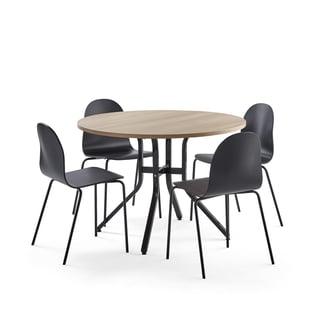 , 1 bord og 4 sorte stoler
