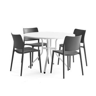, 1 bord og 4 antrasittgrå stoler