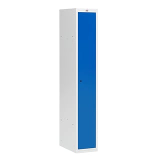 Garderobeskap, umontert, H1800 B300 D500 mm, 1 dør, grå stamme, blå dører