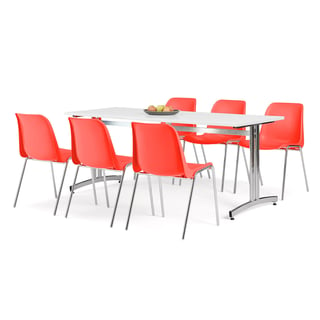Möbelgrupp, 1 bord och 6 röda stolar