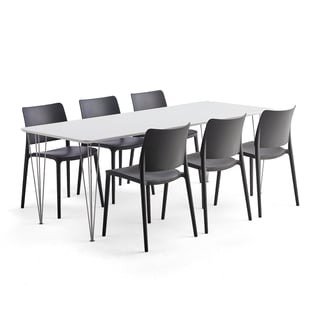 Møbelgruppe, 1 bord 200x800 mm, 6 antrasitt stoler