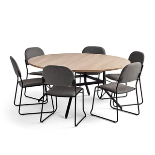 Møbelgruppe, 1 bord og 6 antrasittgrå stoler