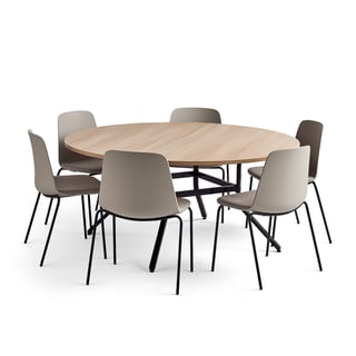 Möbelgrupp, 1 bord och 6 grå stolar