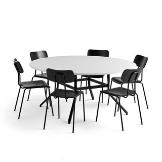 , 1 bord og 6 svarte stoler