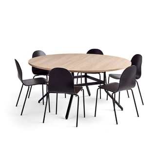 Möbelgrupp, 1 bord och 6 svarta stolar