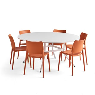 , bord og 6 oransje stoler