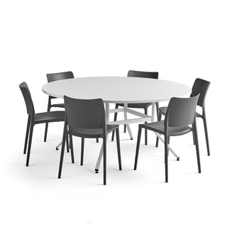 Möbelgrupp, 1 bord och 6 antracitgrå stolar.
