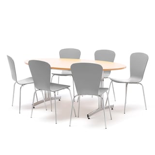 Lunchrumsgrupp, 1 ovalt bord 1800x1000 mm, bok, 6 stolar i grå/krom