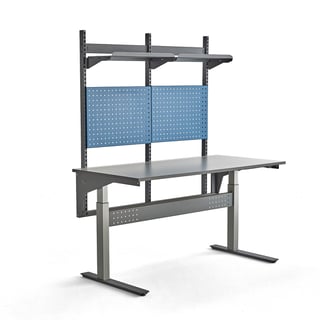 Komplett arbeidsbord, hev/senk, L1600 B800 H680–1180 mm, verktøypanel og hylleplate