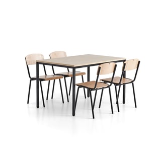 , 1 bord L1200 B800 mm + 4 stoler, bjørk/svart