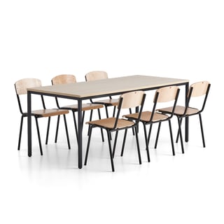 , 1 bord L1800 B800 mm + 6 stoler, bjørk/svart