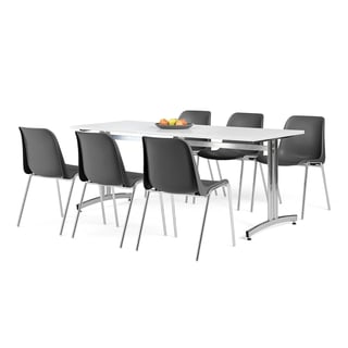 Möbelgrupp, 1 bord och 6 mörkgrå stolar