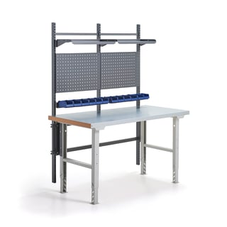 Komplett arbeidsbord, verktøytavler, plastbakker, hyller, L1500 B800 mm, stål