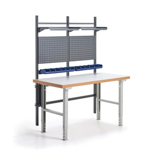 Komplett arbeidsbord, verktøytavler, plastbakker, hyller, L1500 B800 mm, laminat