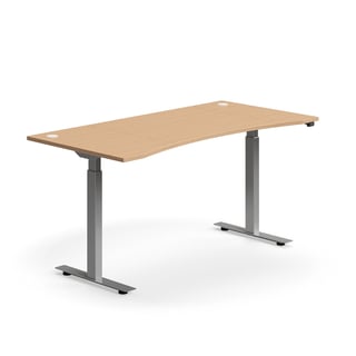 Skrivebord, hev/senk, mageuttak, L1600 B800 mm, sølv understell, bøk