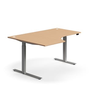 Hjørneskrivebord, hev/senk, L1600 B1200 mm, sølv, bøk